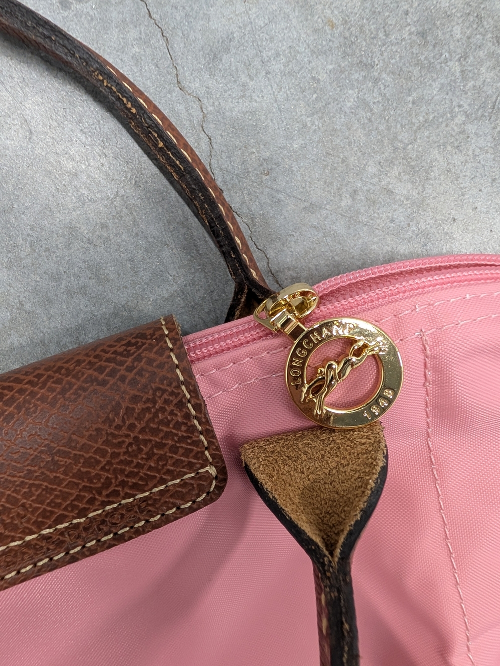 Longchamp Le Pliage Small Pink Nylon Tote with Brown Leather Trim - Picture 3 of 12